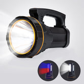 Black flashlight with zoomable insets showing red and blue lights on a white background